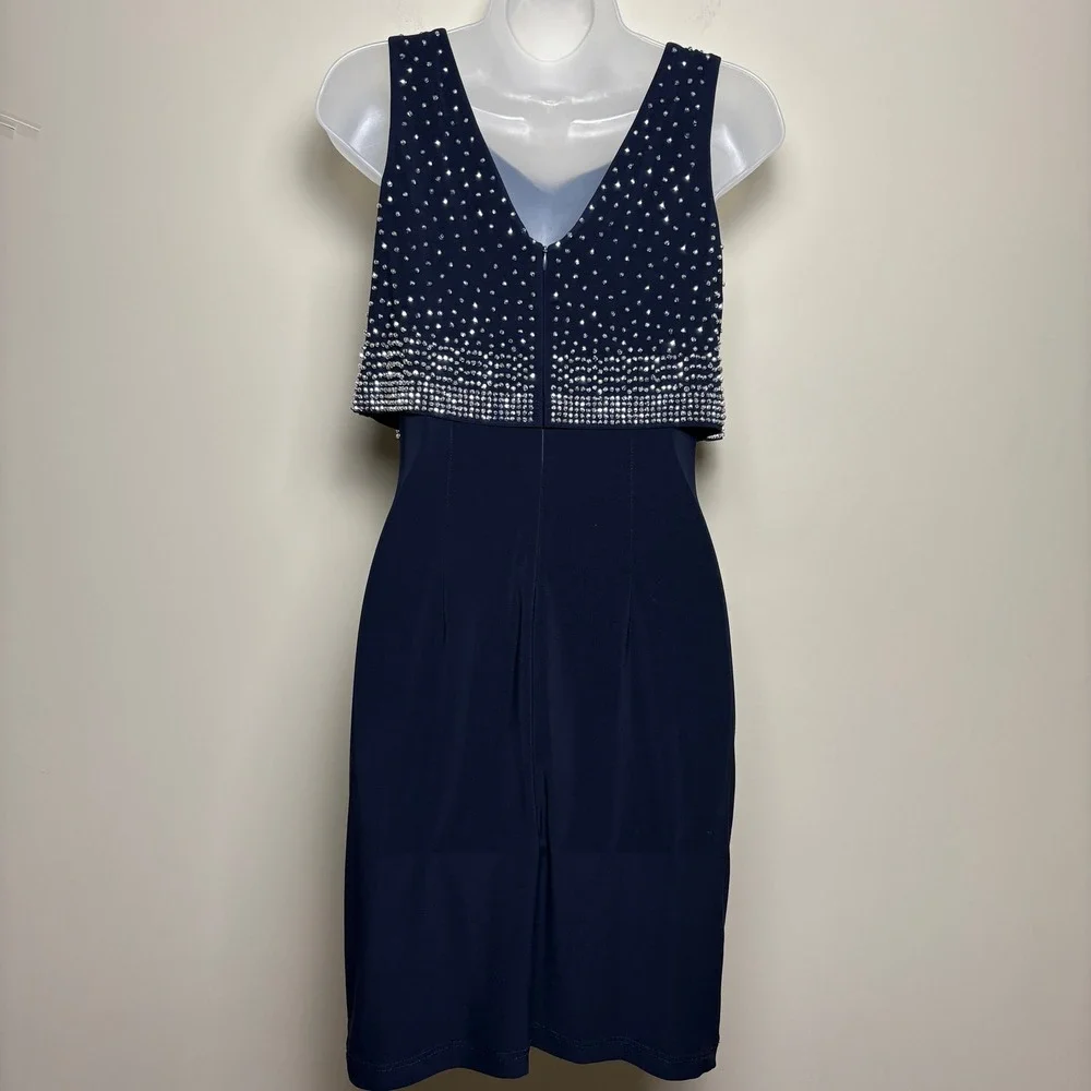 Joseph Ribkoff Blue Zip Back Beaded Overlay Sleeveless Sheath Dress Womens 6 US - Picture 5 of 8